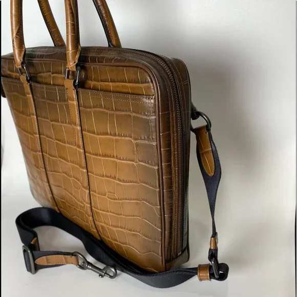 Coach Brown Croc-Embossed Laptop Bag - Picture 9 of 14